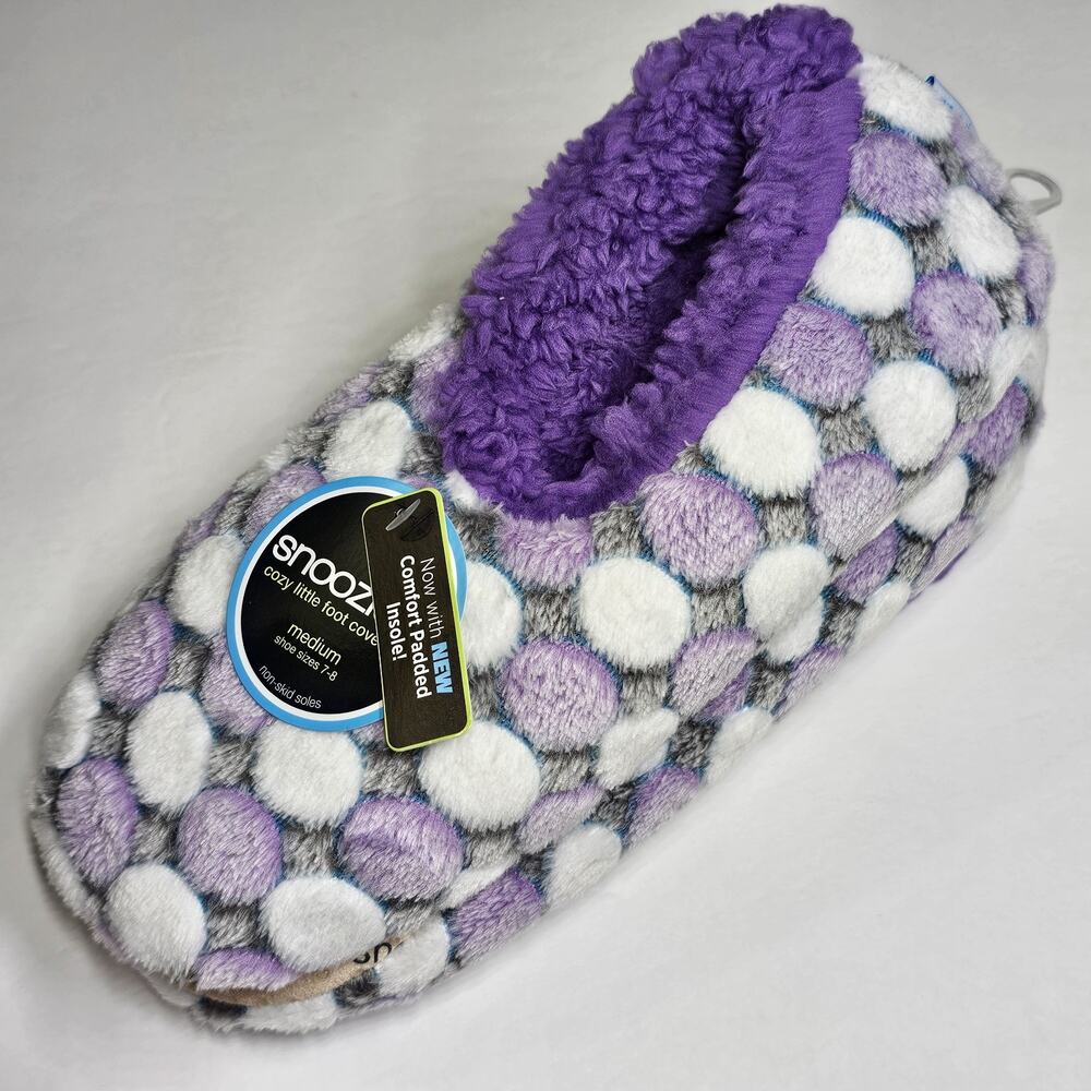 Snoozies! Women's Slippers Purple White Dots Med 7/8 Padded Insoles Non-Skid NEW